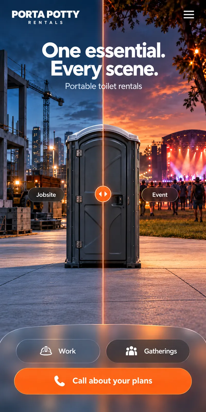 Portable toilet between an illustrated construction setting and an evening gathering